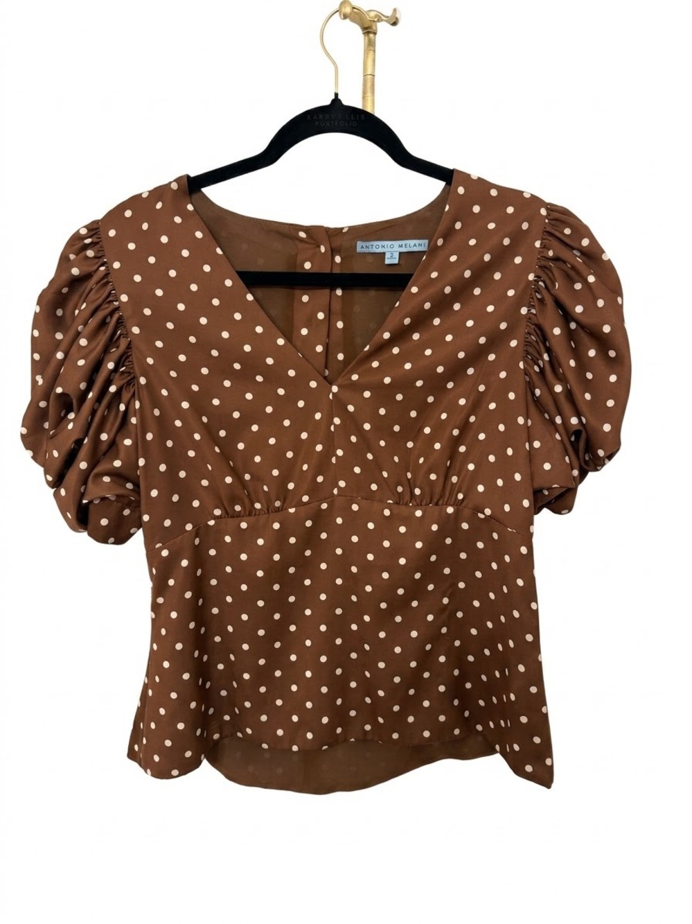 ANTONIO MELANI Brown Polka Dot Puff Sleeve V-Neck Blouse